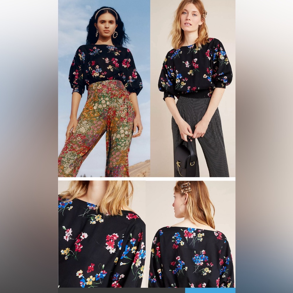 Maeve‎ by Anthropologie Boatneck Puff Long Sleeve Floral Print Blouse Black XS S